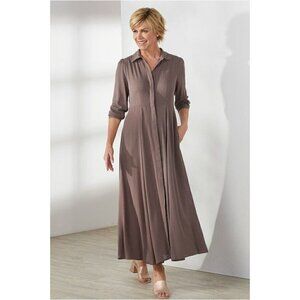 Soft Surroundings Long Button Front Maxi Shirt Dress Sz XS  Mauve Brown Pink